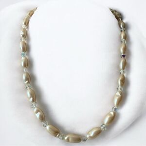 Vintage Faux Pearl & Crystal Bead Necklace with Gold Filigree Clasp